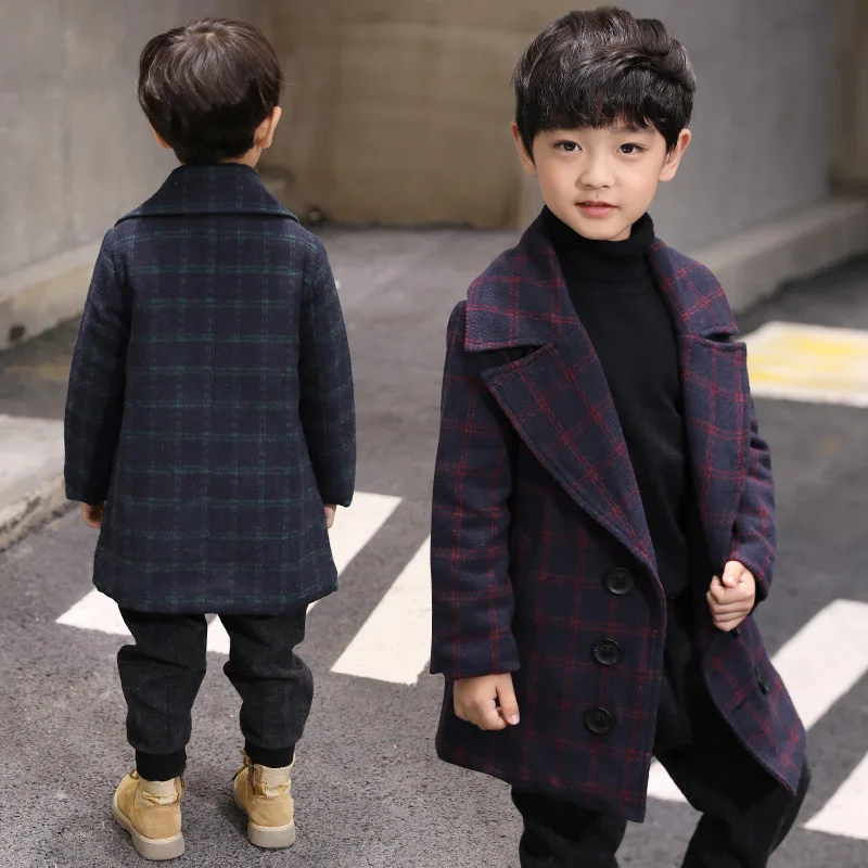 

2018 New Style BOY'S Fall And Winter Clothes Thick Large Lapel Plaid Woolen Jacket Middle And Large Children Duffle Coat