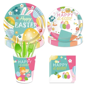 

2020 Happy Easter Theme Party Decorations Colorful Eggs Rabbit Easter Tableware Sets Happy Easter Party Favors Supplies