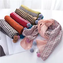 Корейский хлопковый и льняной шарф в клетку с помпоном, детская шаль для девочки, шарфы, От 2 до 10 лет