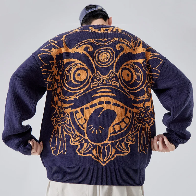 

2020 Autumn and winter thickened Chinese embroidery loose Crew Neck Sweater men's Guochao Harajuku languid fashion brand couple