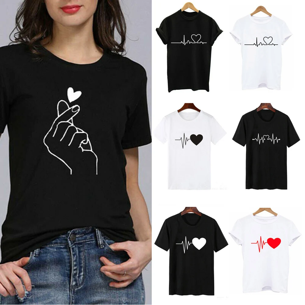 

Heart Printed Women T-shirts Fashion Female T-shirt Korea Style Harajuku Short Sleeve Casual Tee Ladies Tops Tshirt Wholesale
