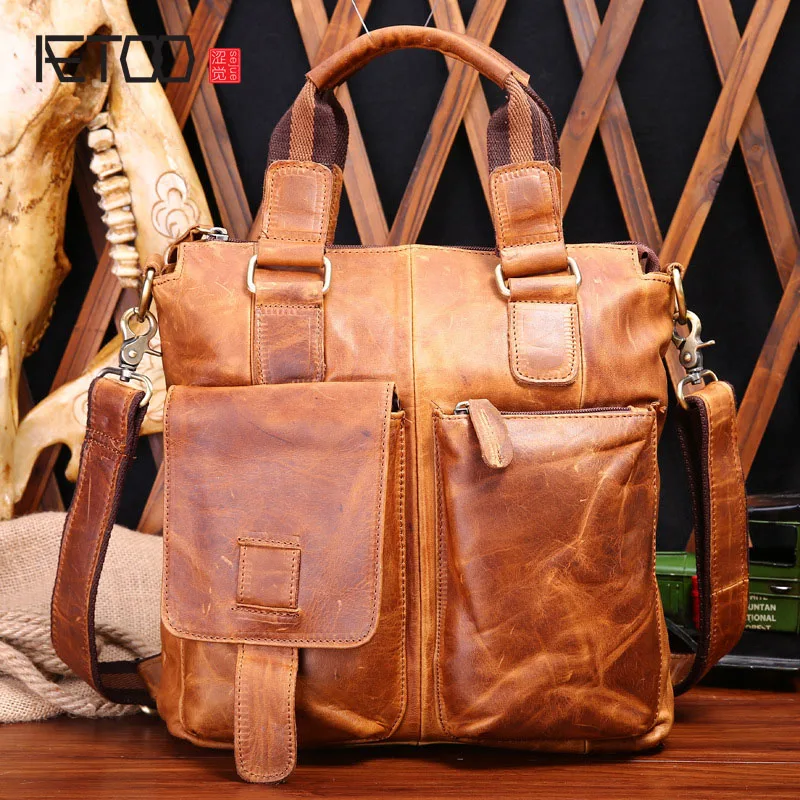 

BJYL genuine leather men bag crazy horse leather men's handbags casual business shoulder bag briefcase messenger bag laptop