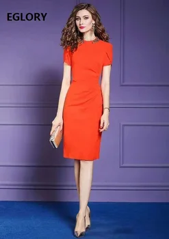 

2020 Summer Fashion Pencil Dress High Quality Women Crystal Beading Deco Short Sleeve Bodycon Sheath Blue Red Dress Vestidos