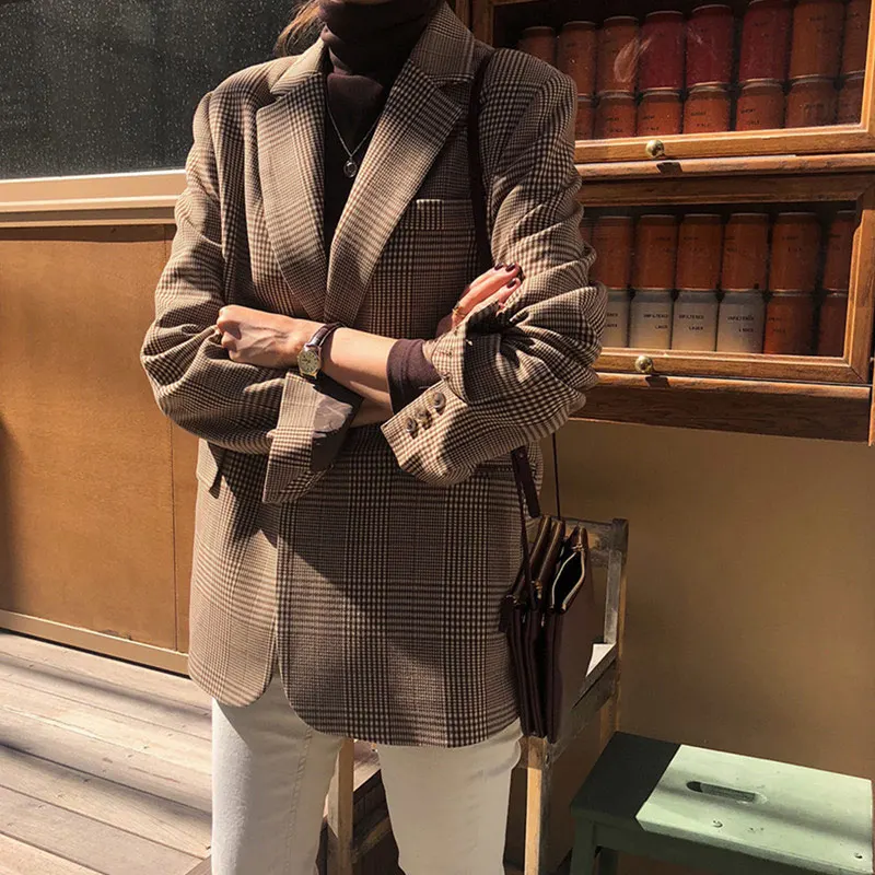 

Vintage Lattice Suit Blazer Jacket Plaid Print High Quality Single Breated Korean Slim Coat Autumn Leisure Loose Streetwear
