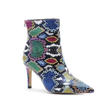 

LVABC Colorful Snake Skin Boots Women High Heel Thick Boot snakeskin Pointed Toe Zip Shoes Female Slouch Boots Pleated Winter 39