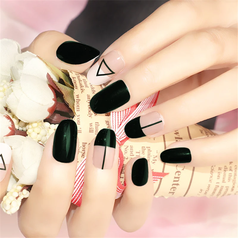Nusx 24pcs set Dark Green Finished Fake Nails Round Head Short Full Cover Triagle Line Pattern 5