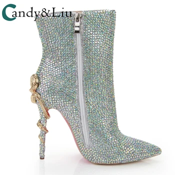 

New Snake-Shaped High Heel Pointed Zipper Short Boots Entirely Handmade Colorful Diamond Fashion Temperament Short Boots Women