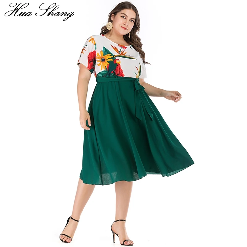 

Plus Size Casual Dress For Women 2019 Summer Short Sleeve Floral Print Patchwork High Waist Midi Dress Green Tunic Dresses