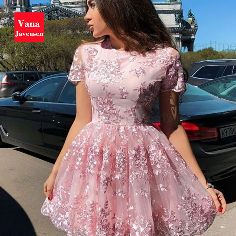 Vana Javeasen/Розовое Кружевное платье для женщин, средняя талия, круглый вырез, офисное женское платье, цветочные, короткие рукава, вечерние, мини-женские платья, лето