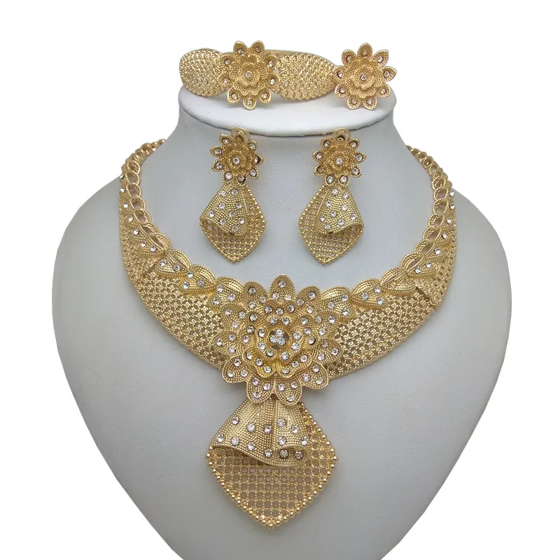 

Kingdom Ma African Jewelry Charm Necklace Earrings Dubai Gold Jewelry Sets for Women Wedding Bridal Bracelet Ring Jewelry Set