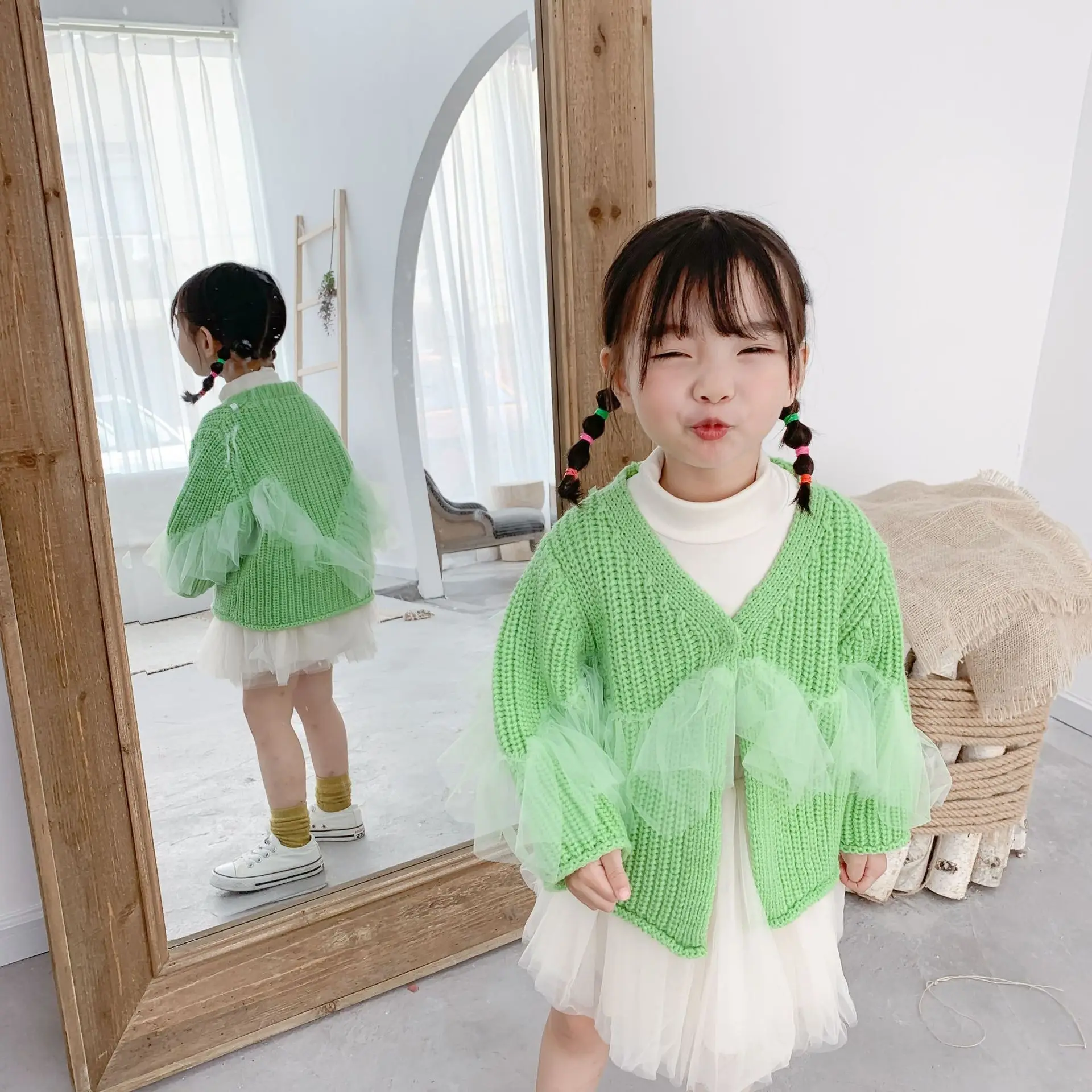 

2019 Autumn New Style Kids' Sweater Coat Korean-style Children Knitted Gauze Cardigan Solid Color GIRL'S Sweater