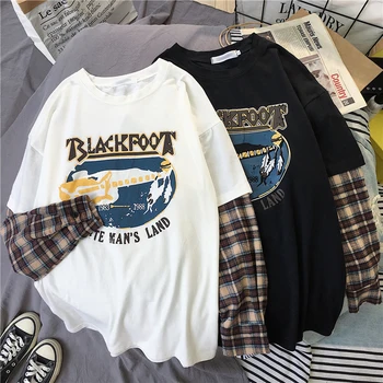 

2020 autumn new funny guitar print Oversized long sleeve t shirt men hip hop Vintage lattice Fake two clothes Japan streetwear