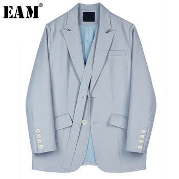 

[EAM] Women Blue Brief Stitch Big Size Blazer New Lapel Long Sleeve Loose Fit Jacket Fashion Tide Spring Autumn 2020 1S167
