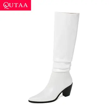 

QUTAA 2021 Pleated Cow Leather PU Knee High Boots Fashion Pointed Toe Long Boots Autumn Winter Slip On Women Shoes Size 34-39