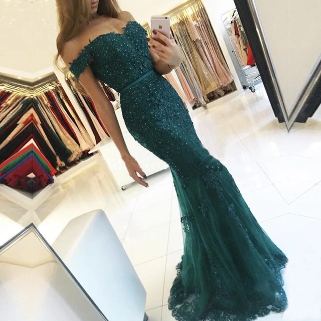 Off the Shoulder Long Mermaid Evening Dresses Lace abiti da sera Applique Robe De Soiree longue Formal Gowns abiye gece elbisesi dark green