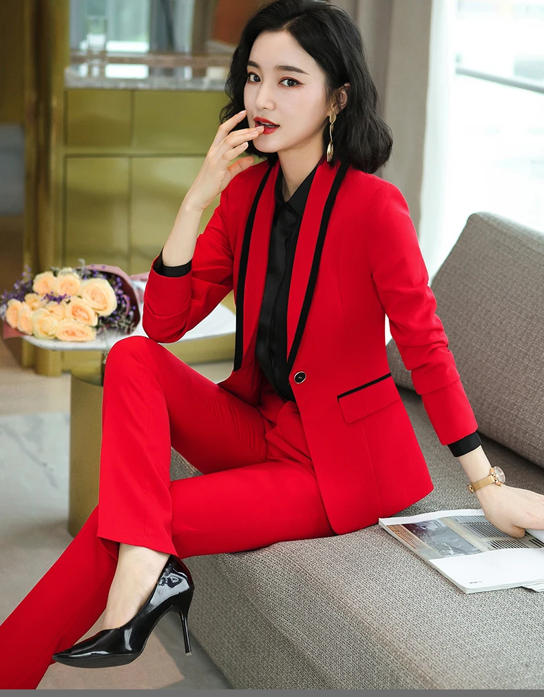 New Arrival Women Formal Pant Suit Gray Black Red White Solid One Button Work 2 Piece Set Office Blazer And Full Length Trousers