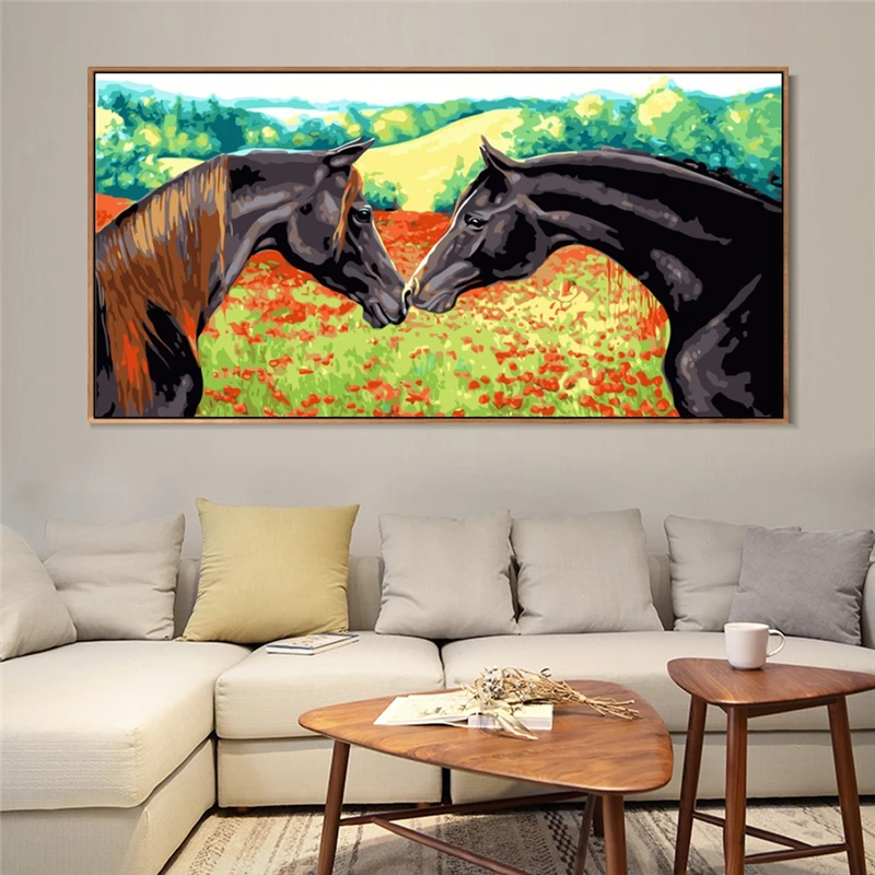 

Large Size Oil Painting Animal Wall Art Pictures For Living Room Home Decor Canvas Painting Double Horse No Frame 60x120cm