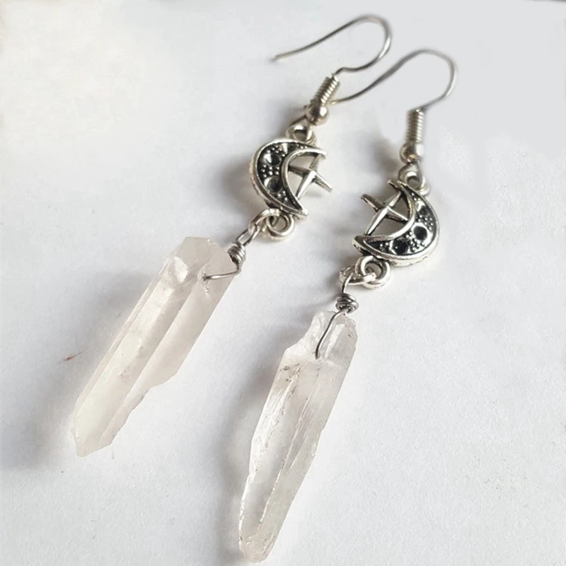 Clear Quartz Moon Earrings - Boho Witchy Natural Stones Esoteric Celestial Alternative Nugoth Gothic Romantic.star Gift | Украшения и