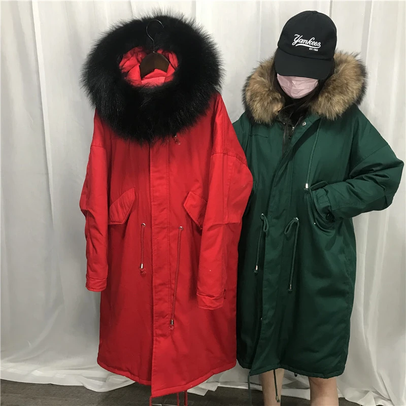 Red and black Женский утепленный Зимний пуховик женский большой настоящий натуральный мех 90% белый утиный пух парка с капюшоном зимняя куртка женская YR36 - Цвет: Red and black