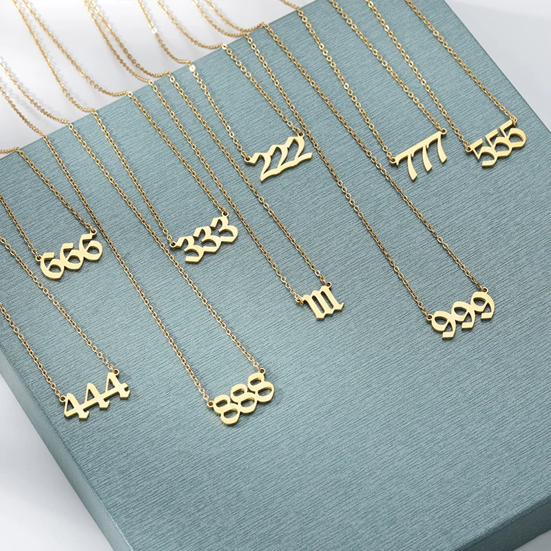 🔢 Old English Angel Number Necklaces – Gold Stainless Steel Numerology Jewelry (111–999) 2