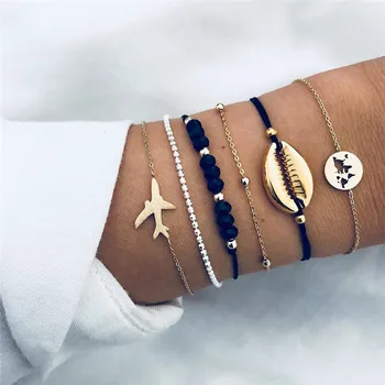 

Vagzeb Bohemian Airplane Map Charm Bracelets Vintage Fashion Black Beads Statement Bracelets Bangles Sets For Women Jewelry