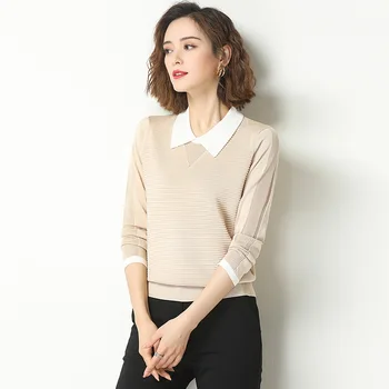 

2020 new ladies lapel fake two-piece long-sleeved knitted T-shirt gray
