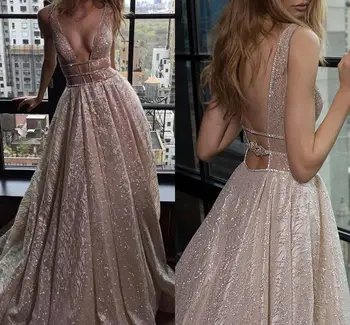 

Sparkly Garden Beach Wedding Dresses 2020 Luxury Sexy V-neck Chapel Train Summer Holiday Backless Bride Gown Robe De Soire