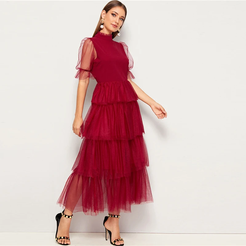 SHEIN модное многослойное Сетчатое платье с оборкой на шее и пышными рукавами однотонное женское платье трапециевидной формы со стоячим воротником весна-осень