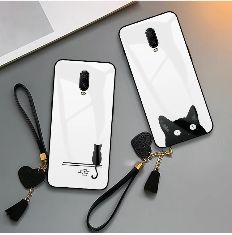 Case For Oneplus 5 5T 6 6T 7 7T Pro Original Phone Cute Cat Lip Print Lanyard Tempered Glass Soft TPU Smartphone Back Cases |