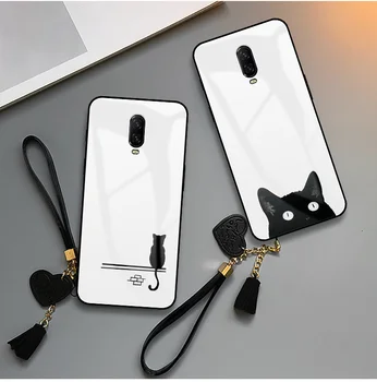 

Case For Oneplus 5 5T 6 6T 7 7T Pro Original Phone Cute Cat Lip Print Lanyard Tempered Glass Soft TPU Smartphone Back Cases