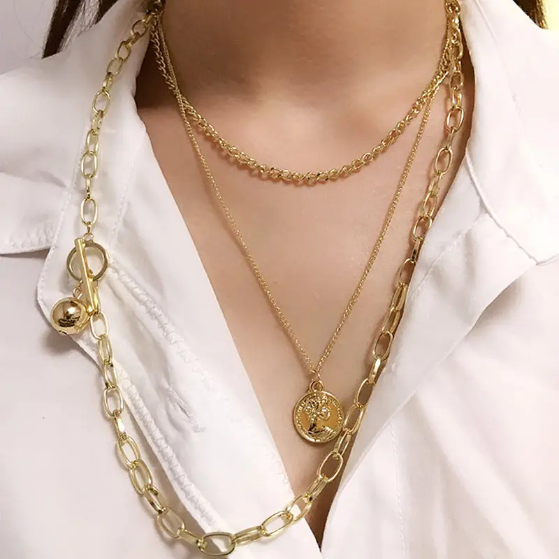 JUST FEEL Multi Layer Link Chain Choker Necklace Women Vintage Gold Color Round Coin Pendant Necklaces Statement Jewelry Gifts