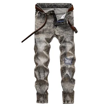 

KIOVNO Men Fashion Embroidery Jeans Trousers Patchwork Slim Denim Pants Male Straight Solid Color