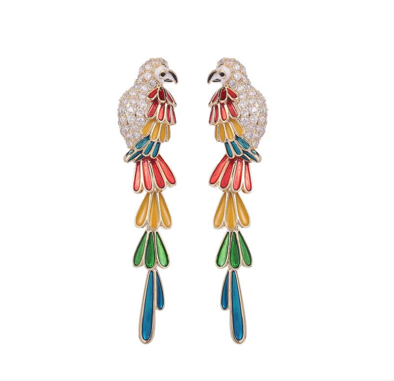 Bohemian Ethnic Style Earrings Temperament Personality Design Sense Bird Long Color Feather Drop Oil Parrot Earrings LYI100
