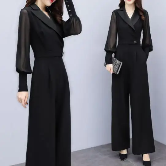 Размера плюс 4xl комбинезоны Для женщин s Комбинезон Macacao Feminino Черный шифон женский комбинезон, элегантный Мода Спецодежда для Для женщин AE226