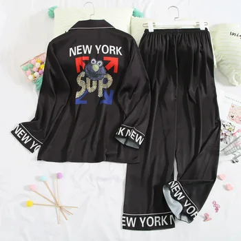 

Black Print Pajamas Set Women Long Sleeve 2 PCS Shirt&Pant Stain Silky 2PCS Sleepwear Nightwear Female Sleep Set Home Wear