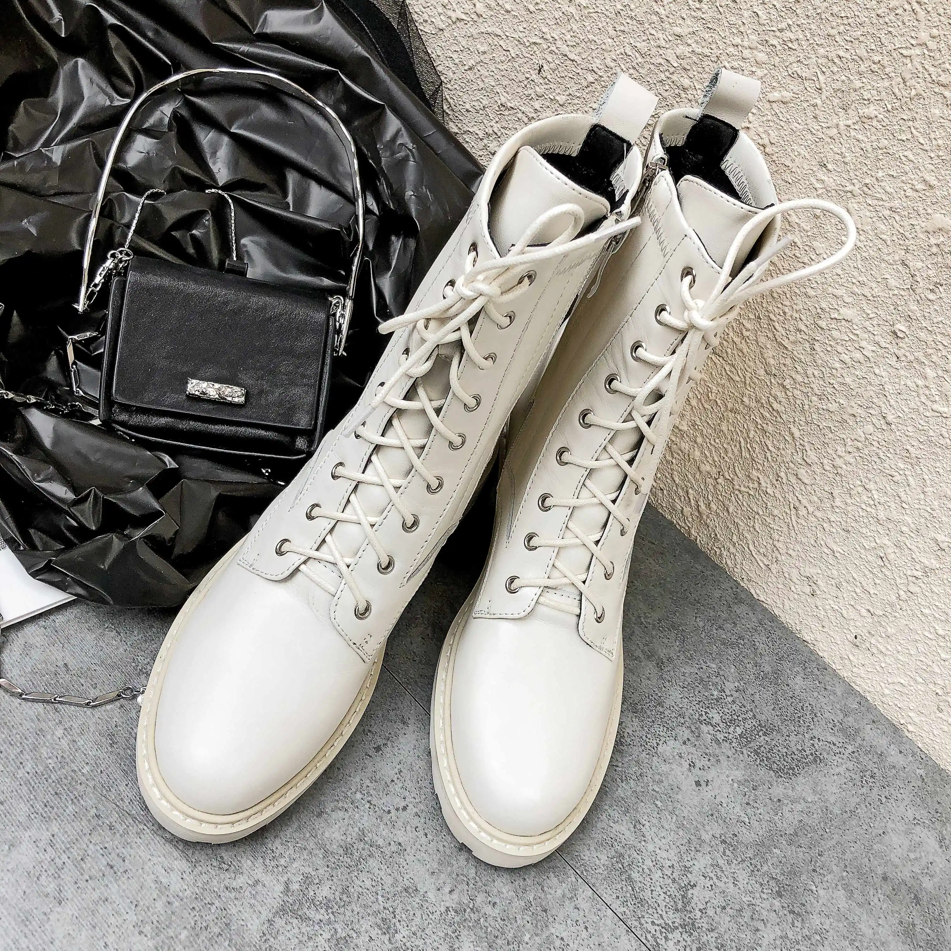Lenkisen classic British lace up genuine leather round toe med heels fashion basic women winter keep warm mid-calf boots L73