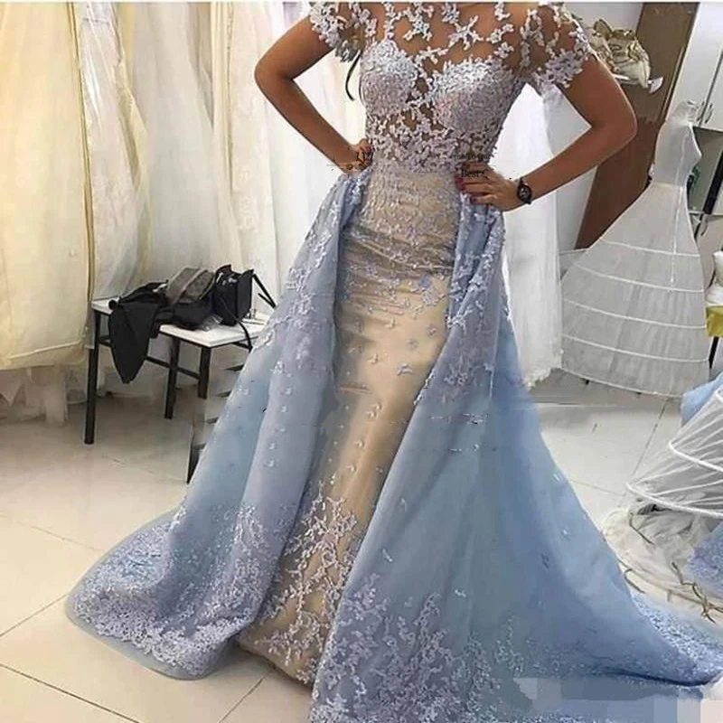 

Sexy Long Mermaid Evening Dresses 2020 New Short Sleeve Satin Tulle Detachable Strain Applique Formal Prom Dress Party Gowns