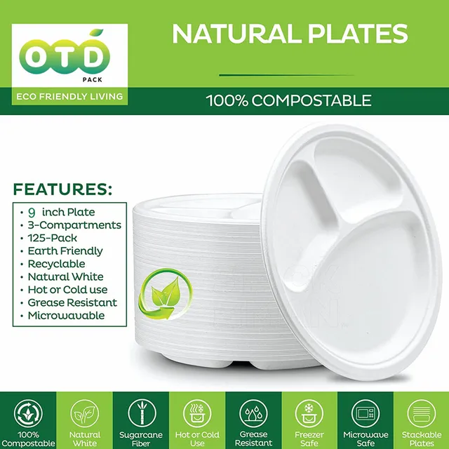 100% Compostable 9 Inch Heavy-Duty Plates 125-Pack Eco-Friendly