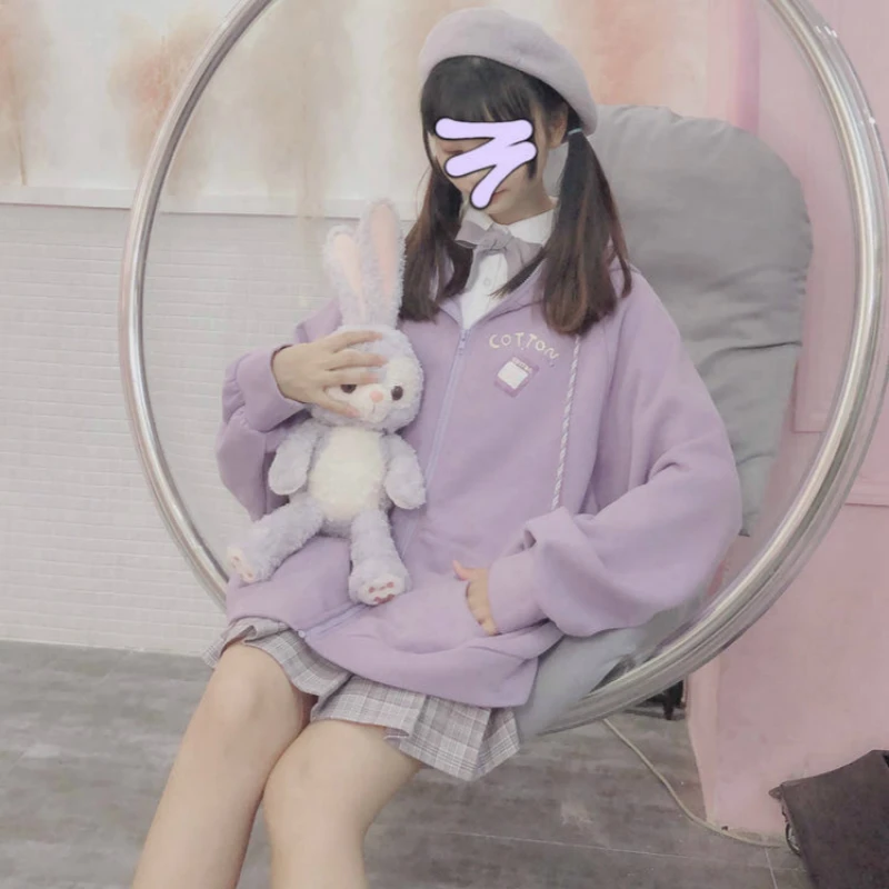 Harajuku милые стильные толстовки с капюшоном, Толстовка для школьниц, зимние свободные тонкие толстовки на молнии с героями мультфильмов, толстовки с капюшоном, женская уличная одежда - Цвет: Лаванда
