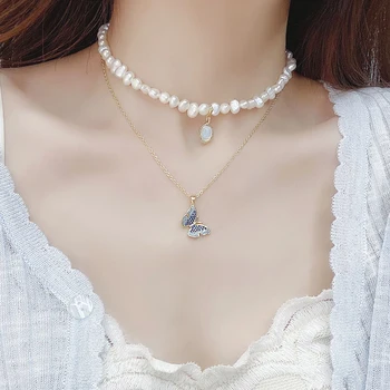 Romantic Cute Imitation Pearl Short Necklace Choker Temperament Micro Inlaid Zirconia Blue Butterfly Necklaces Charm Collier