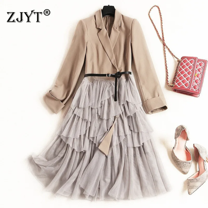 

Brand New Runway Designer Autumn Dress for Women 2019 Elegant Lady Turn Down Blazer Patchwork Office Party Tulle Dresses