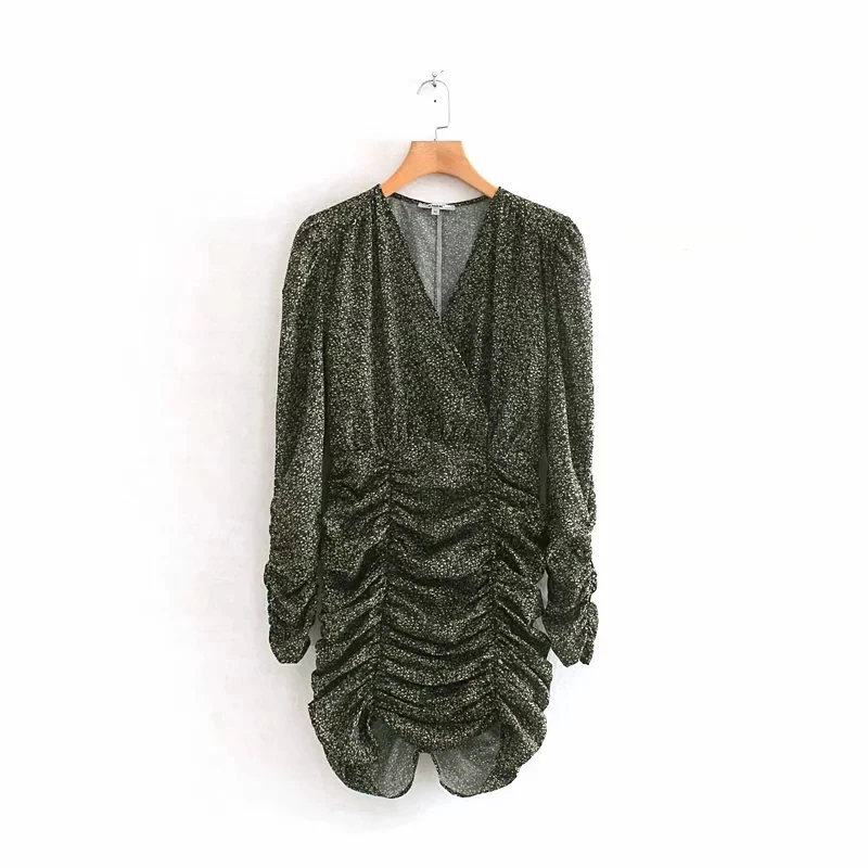 

Vintage Printing V Neck Puff Sleeve Women Pleated Dress 2019 Autumn Leisure Lady Slim Dresses D3671