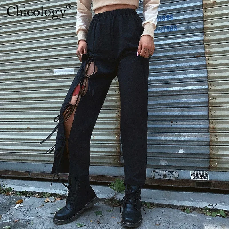 

Chicology streetwear side lace up hollow out high waist pants 2019 autumn winter sexy gothic women clothing female trousers