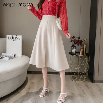 

2020 Autumn Women Clothing Midi Long Skirt High Waist Mujer Faldas Fashion Buttons Front Slit A-Line Pleated Skirts Womens Saia