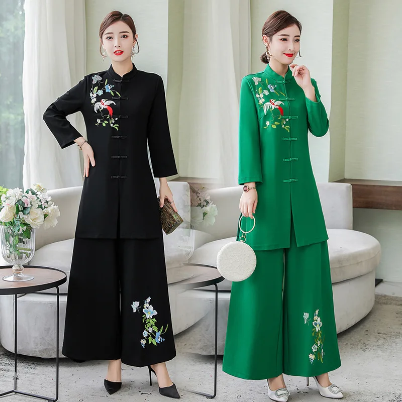 

2019 Autumn New Style Ethnic-Style Retro Chinese Costume ma ma kuan Casual Loose Pants Set Embroidered Two-Piece Set
