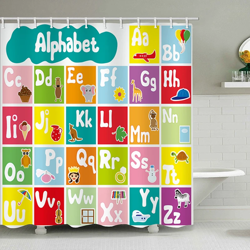 

Funny Colorful Cartoon Alphabet Available Fabric Polyester Shower Printing Waterproof Shower Curtain Decoration Bathroom Curtain