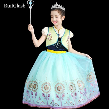 

2pcs/set Elsa and Anna girl dress up Costume Children Baby Flower Print Princess Party Cosplay Fancy clothing Snow Queen Dress