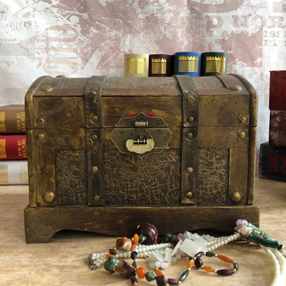 S/L шикарный винтажный деревянный пират, сундук с сокровищами Коробка с замком/ ретро чехол для хранения ювелирных изделий Европейский Стиль Домашний Декор подарок