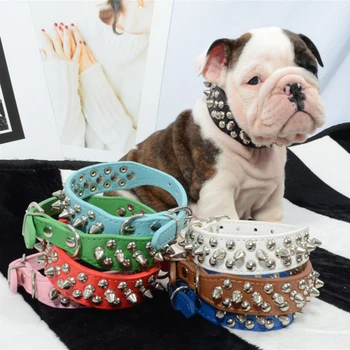 

6 Colors Pet Dog Rivet Collars PU Leather Round Bullet Nail Studded Necklace Spiked Strap Punk Style Small Dogs Cat Collar