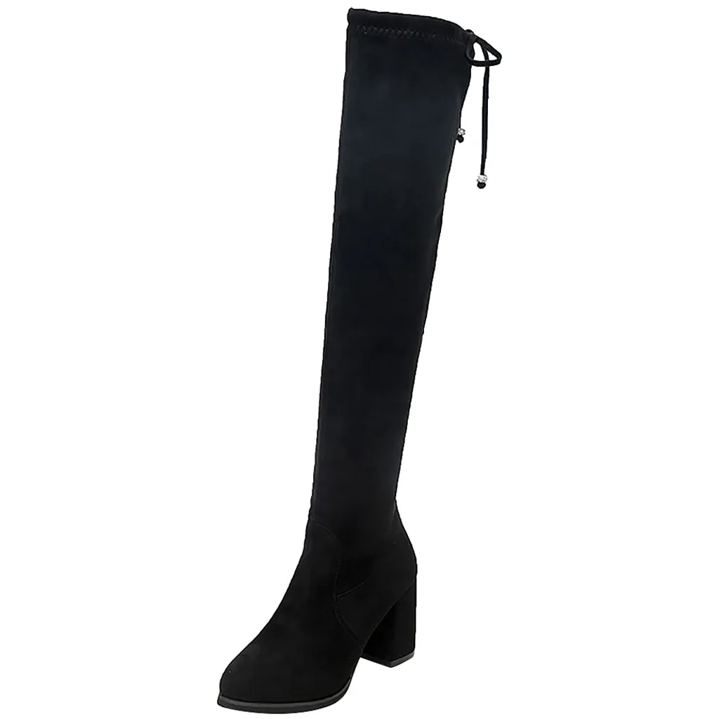 Женские высокие сапоги до бедра; пикантные ботфорты выше колена; зимние черные высокие сапоги; стильная женская замшевая обувь на высоком каблуке; повседневная обувь